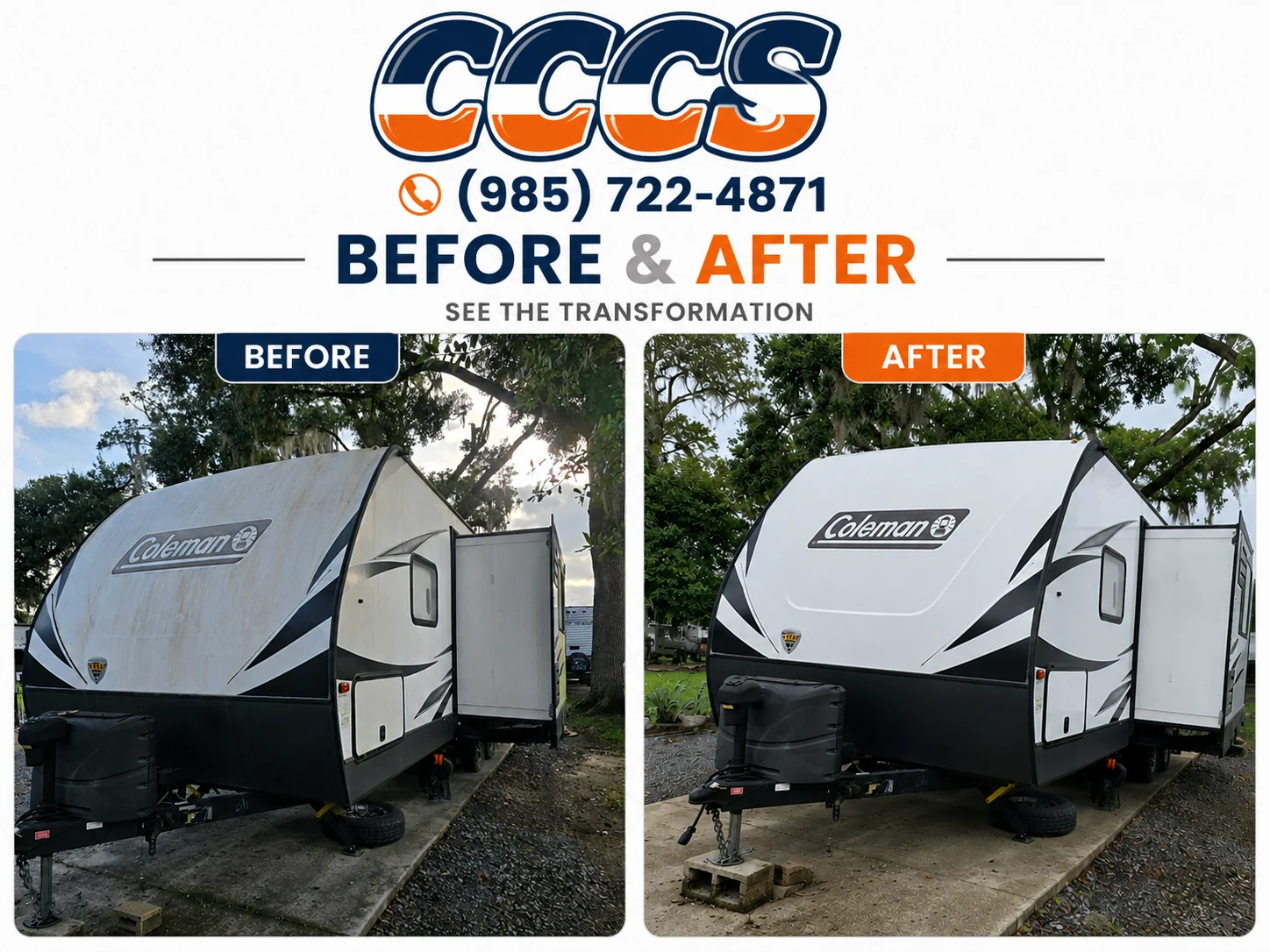 Before and after exterior detailing of a Coleman travel trailer